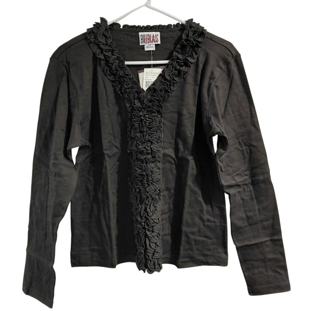 BILL BLASS Petite Jeans Black Ruffle V-Neck Long Sleeve Top PM